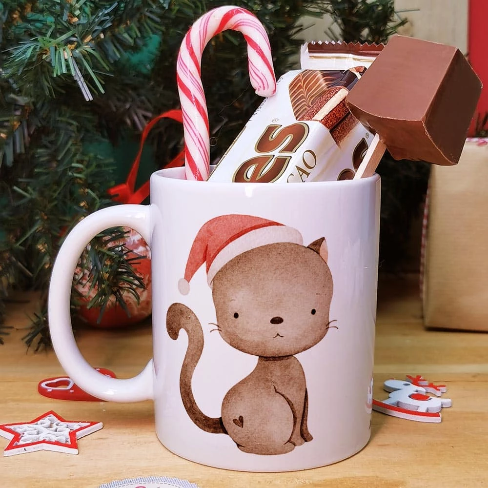 Mug "Joyeux Noël" Personnalisé Et Ses Confiseries Rétro - Chat De Noël - Cadeau Noël – Image 2