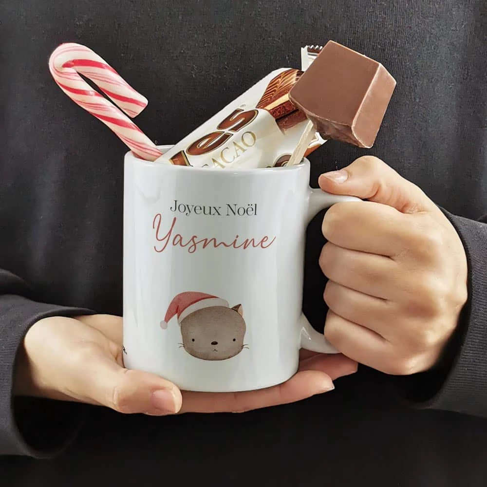 Mug "Joyeux Noël" Personnalisé Et Ses Confiseries Rétro - Chat De Noël - Cadeau Noël – Image 4