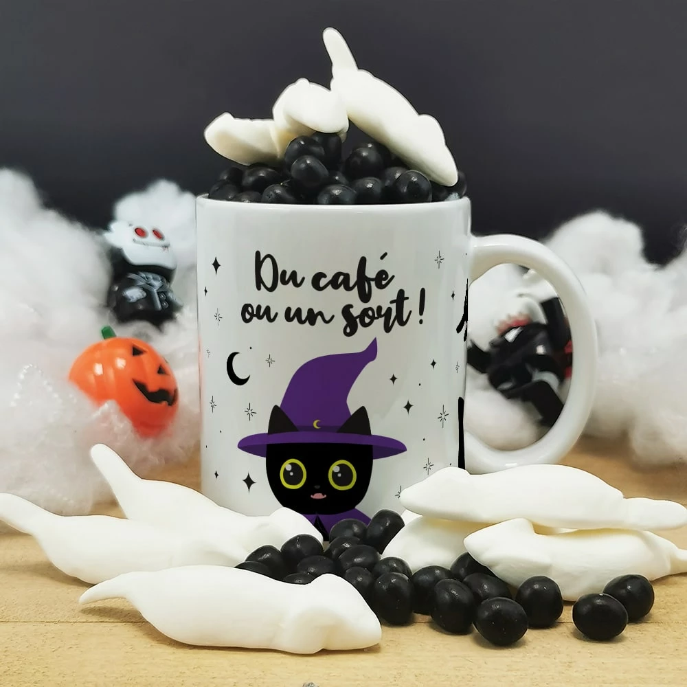 Mug Bonbon Chat Noir - Mug Halloween Rempli De 10 Souris Et 100gr De Dragibus Noir