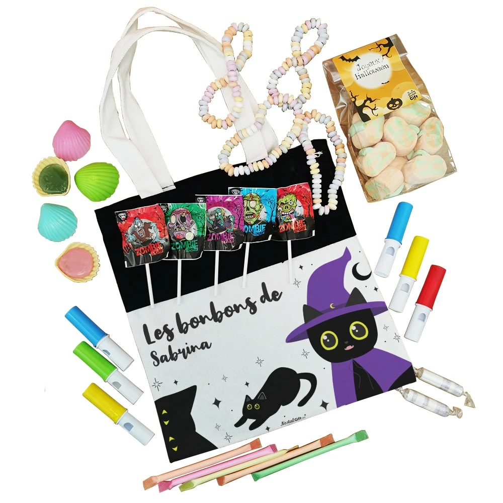 Sac Chat Noir D'Halloween Personnalisé - "Les Bonbons De ..." Rempli De Bonbons – Image 3