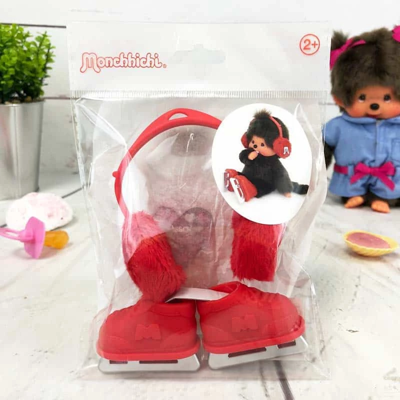Vêtements Peluche Monchhichi Kiki - Cache Oreilles Et Patins à Glace Rouges