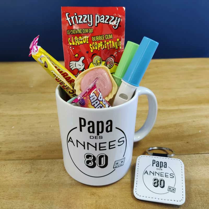 Porte Clé & Mug "Papa Des Années 80" Rempli De Bonbons Rétro - Cadeau Papa