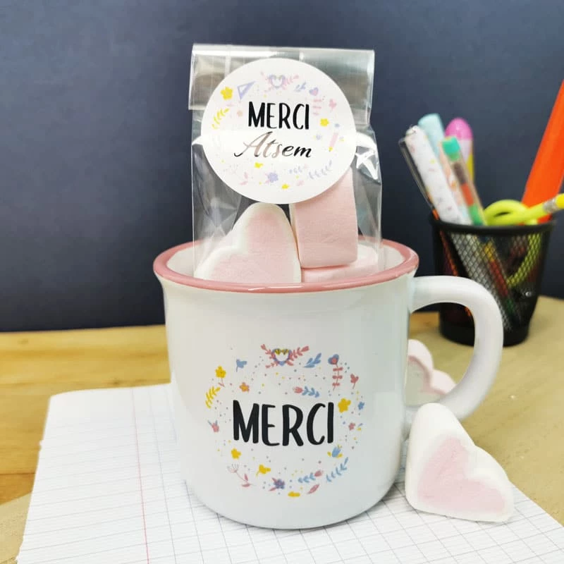 Mug "Merci" Et Ses Guimauves Coeurs X10 - Cadeau "Merci ATSEM"